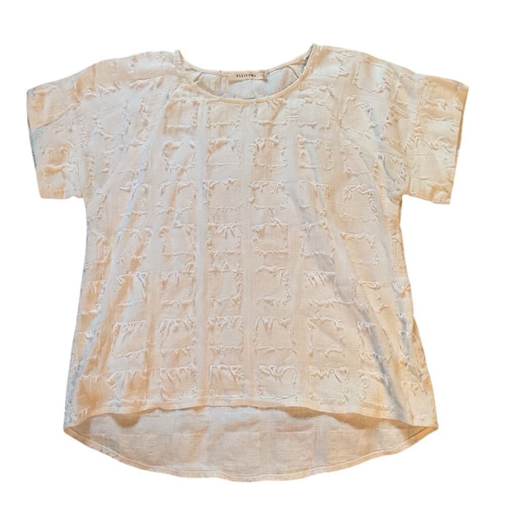 Ellison‎ White Textured Eyelash Grid Short Sleeve Blouse Small High Low Hem